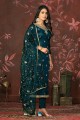 Organza Straight Pant Suit in Blue with Dupatta