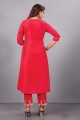 Salwar Kameez in Red Muslin with Embroidered