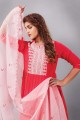 Salwar Kameez in Red Muslin with Embroidered