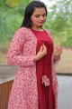 Maroon Rayon Embroidered Gown Dress with Dupatta
