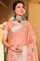 Linen Embroidered Peach Saree with Blouse