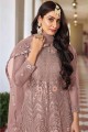 Net Anarkali Suit in Coral with Embroidered