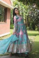 Digital print Silk Gown Dress in Sky blue