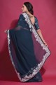 Thread,embroidered Georgette Saree in Teal blue
