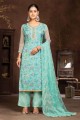 Blue Organza Embroidered Straight Pant Suit with Dupatta