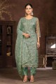 Green Embroidered Straight Pant Suit in Organza