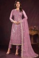 Straight Pant Suit in Onion  Net with Embroidered