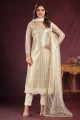 Beige  Straight Pant Suit in Net with Embroidered