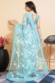 embroidered Soft net Saree in Sky blue