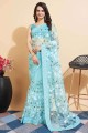 embroidered Soft net Saree in Sky blue