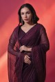 Georgette Sequins Wine Saree with Blouse