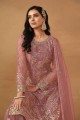 Net Straight Pant Suit with Embroidered in Pink