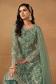 Embroidered Net Straight Pant Suit in Green