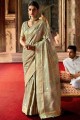 Cream South Indian Saree with Weaving Silk