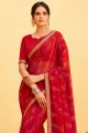 Traditional Georgette lace Saree in Red with Blouse