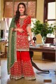 Faux georgette Stone with moti Red Palazzo Suit with Dupatta