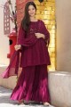 Faux georgette Burgundy Sharara Suit in Embroidered
