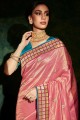Pink Embroidered Saree in Silk and shimmer