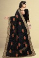 Net Black Saree in Embroidered,weaving,stone with moti
