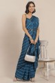 Teal blue Mirror,embroidered Saree in Silk