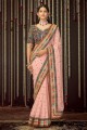 Zari,thread,embroidered Art silk Saree in Baby pink
