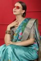 Blue Saree in Zari,printed Silk