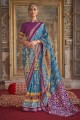 Blue Saree with Mirror,printed,lace border Patola silk