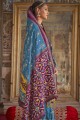 Blue Saree with Mirror,printed,lace border Patola silk