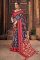 Saree in Blue Patola silk with Printed,lace border