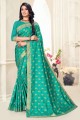Turquoise green Saree with Printed Silk