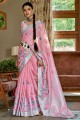 Resham,embroidered,lace border Linen Saree in Pink with Blouse