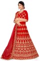 Stone with moti Velvet Bridal Lehenga Choli in Red with Dupatta