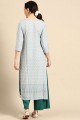 Sky blue Straight Kurti with Embroidered Rayon