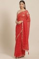 Red Embroidered,printed Saree in Georgette