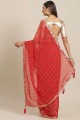 Red Embroidered,printed Saree in Georgette