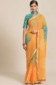 Embroidered,printed Georgette Yellow Saree with Blouse