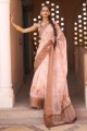 Silk Saree in Peach with Printed,weaving,lace border