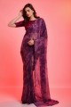 Saree with Embroidered,printed Wine  Chiffon