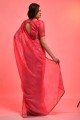 Pink Saree with Embroidered,printed Chiffon