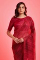 Chiffon Saree in Red with Embroidered,printed