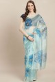 Cotton Printed Sky blue Saree with Blouse