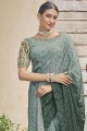 Thread,embroidered Saree in Green Chinon chiffon