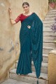 Teal blue Chinon chiffon Saree with Thread,embroidered