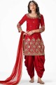 Embroidered Patiala Suit in Red Faux georgette