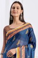 Printed Crepe Saree in Blue with Blouse