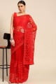 Red Party Wear Saree in Stone,embroidered Net