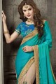 Charming Teal Green And Beige Silk And Net Saree