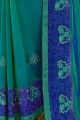 Teal green Georgette and satin  saree