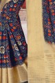 Navy blue Linen and silk  saree