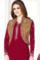 Golden,maroon Georgette and art silk Churidar Suit